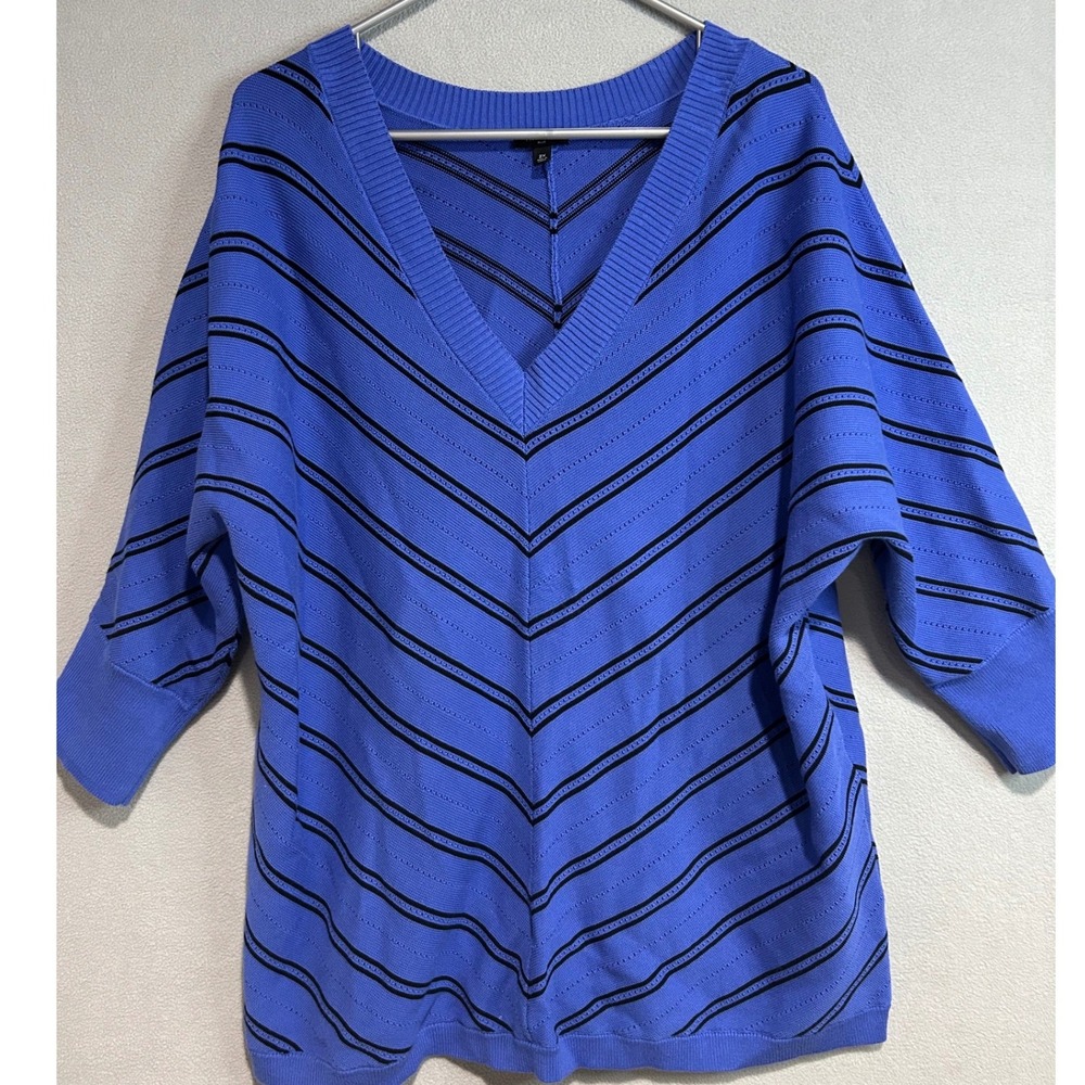 TALBOTS PLUS‎ Blue Black Stripe V Neck 3/4 Sleeve Knit Sweater Top 2X